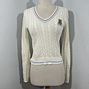 Social Scene Sweater Womens Small  V‎ Neck  Cable Knit Tennis Cricket Preppy